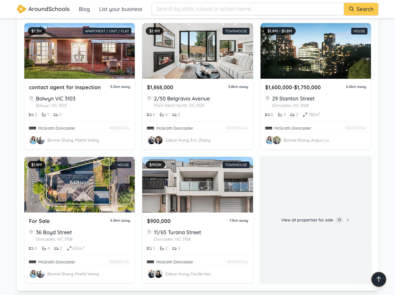 Real estate listings on school page